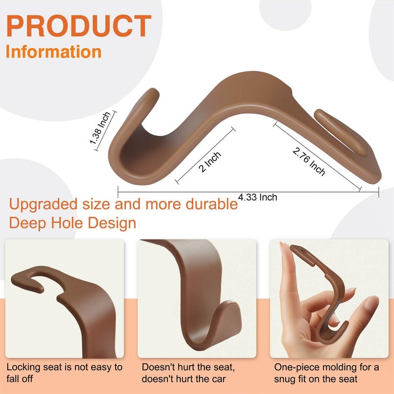 KULOLO Car Seat Hooks & Purse Holder - 4 Pack Boxed,55 lb Heavy Duty,Eco PP Car Hooks for Purse/Bag/Baby Gear/Gym Bag/Groceries/Cup/,Fits 0.32-0.55”Car Headrest Rods (Brown) - Image 2
